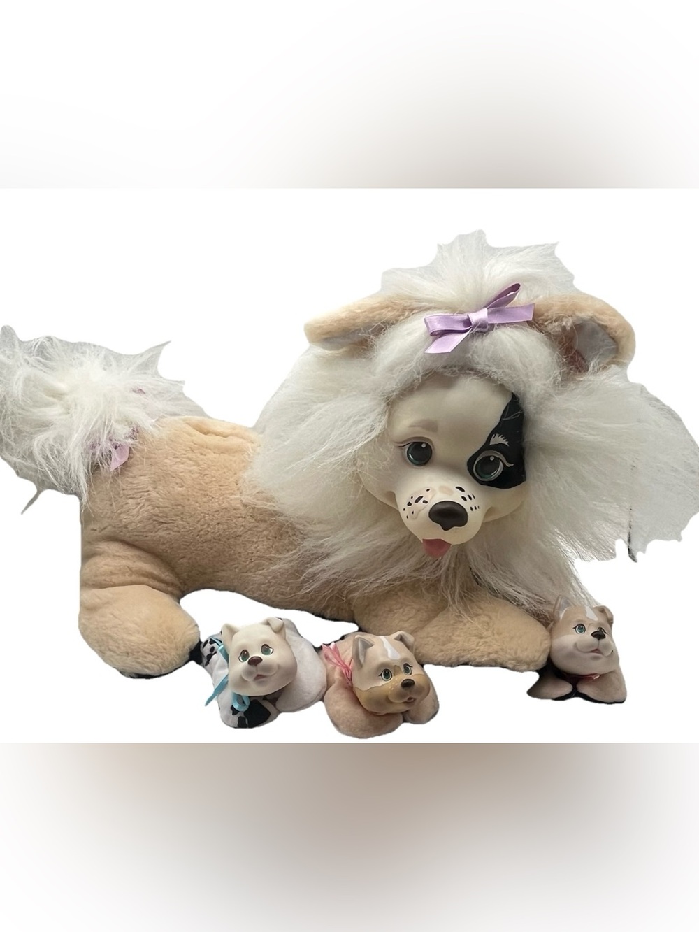 Vintage 1991 Hasbro Puppy Surprise Dog With 3 Puppies Black White Beige Ribbons